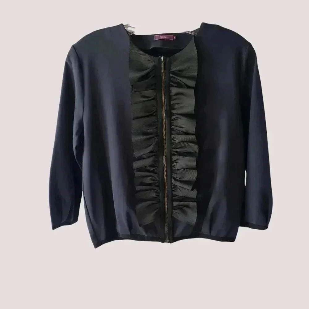 -Jessica ruffle jacket with a full front zipper SZ S blue navy